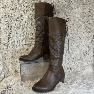 Tall Brown Faux Leather Boots Geometric Lazer Cutouts Romantic Corset Tie Sz 10